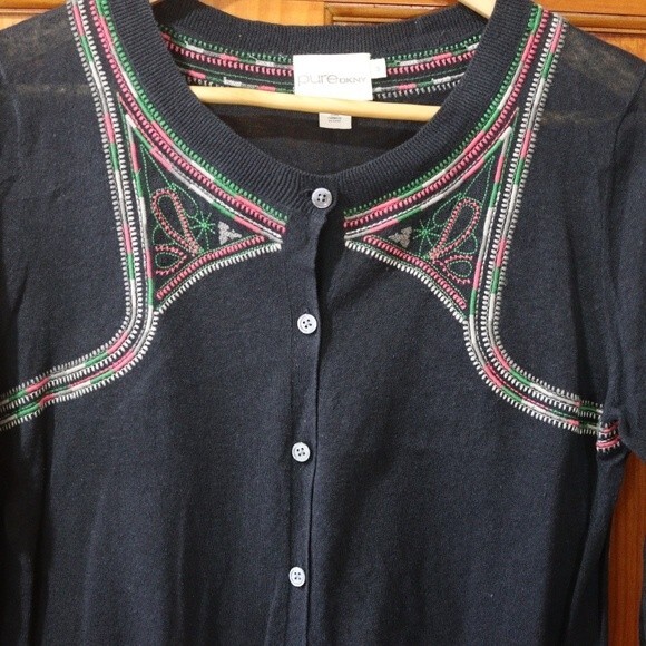 Pure DKNY Black Embroidered Cardigan Colorful Linen Blend Cropped Medium - Picture 3 of 13